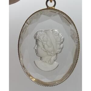 Vintage Intaglio Reverse Engraved Cameo Necklace Rope Chain Faceted Pendant 1970